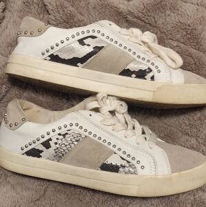 Stylish White and Gray Sneakers with Snake Print